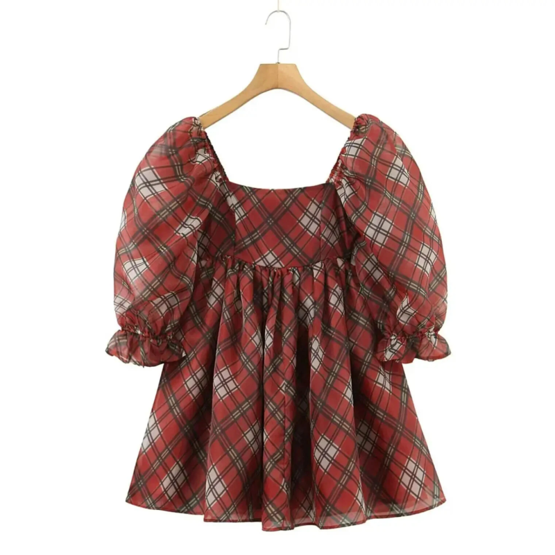 Bloggers favs shop liropolla-0 Sleek red plaid Short Sleeve Puff Mini Dress